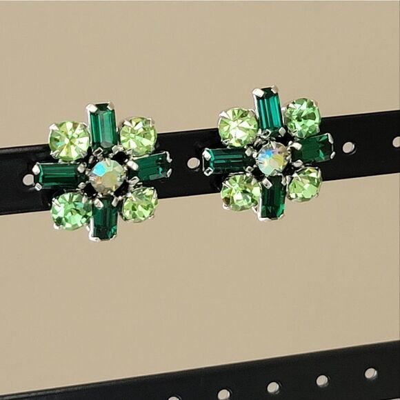 Earrings Silver Tone Green Crystal Clip On Earrings #0086 - Picture 5 of 10